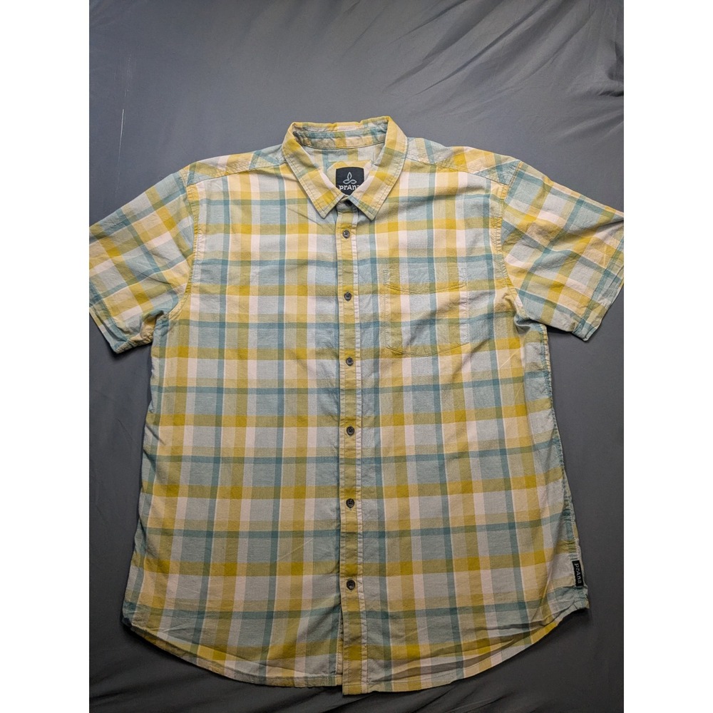 Prana Mens XL Short Sleeve Button Down Shirt Yellow Blue Plaid Outdoor Casual